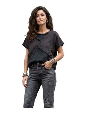 Boho 100% Linen Top One Size Black Mixed Media Asymmetrical Raw Grunge Italy